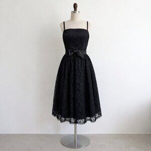 Vintage 50s 60s Midi Dress Designer Lace Formal XXS XS Bow Floral Prom Midi